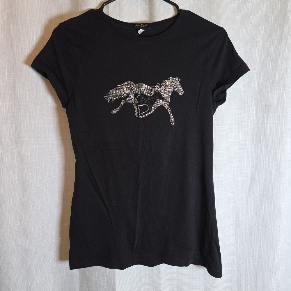 Womens Lyn Dorf Studded Black Small Horse T Shirt Y2k